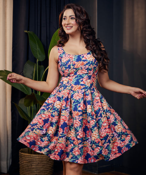 Waistless Scoop Neck Printed Blue Dress